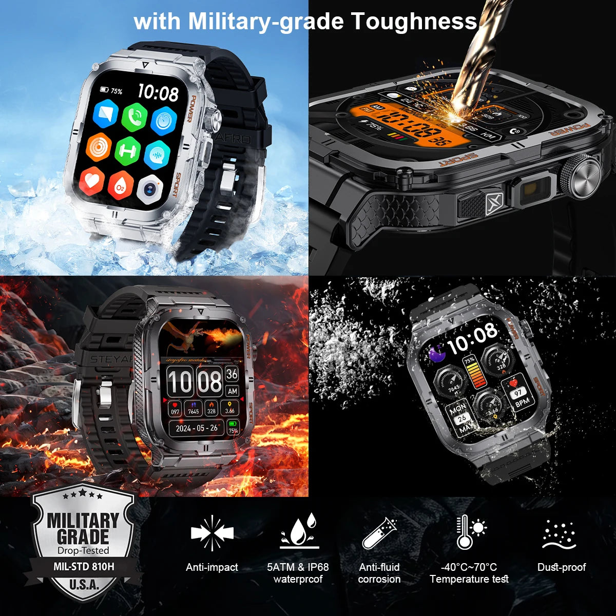 "GearPro: Men's Military-Grade Smart Watch | Bluetooth Calls, Fitness Tracker & Waterproof LED Flashlight"