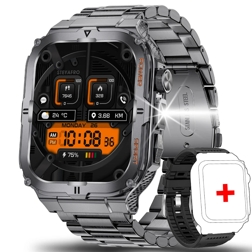 "GearPro: Men's Military-Grade Smart Watch | Bluetooth Calls, Fitness Tracker & Waterproof LED Flashlight"